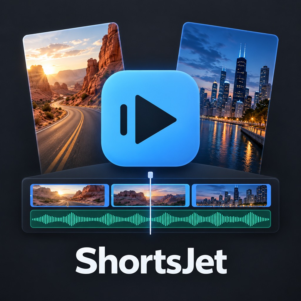 ShortsJet video editor with its blue play icon, video clips and editing timeline