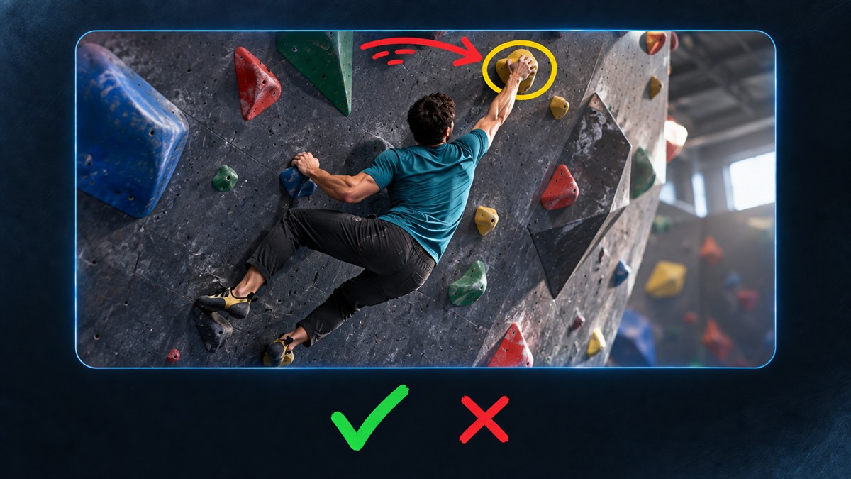 A hand-drawn arrow and circle highlighting a climbing hold, with a green checkmark and red cross