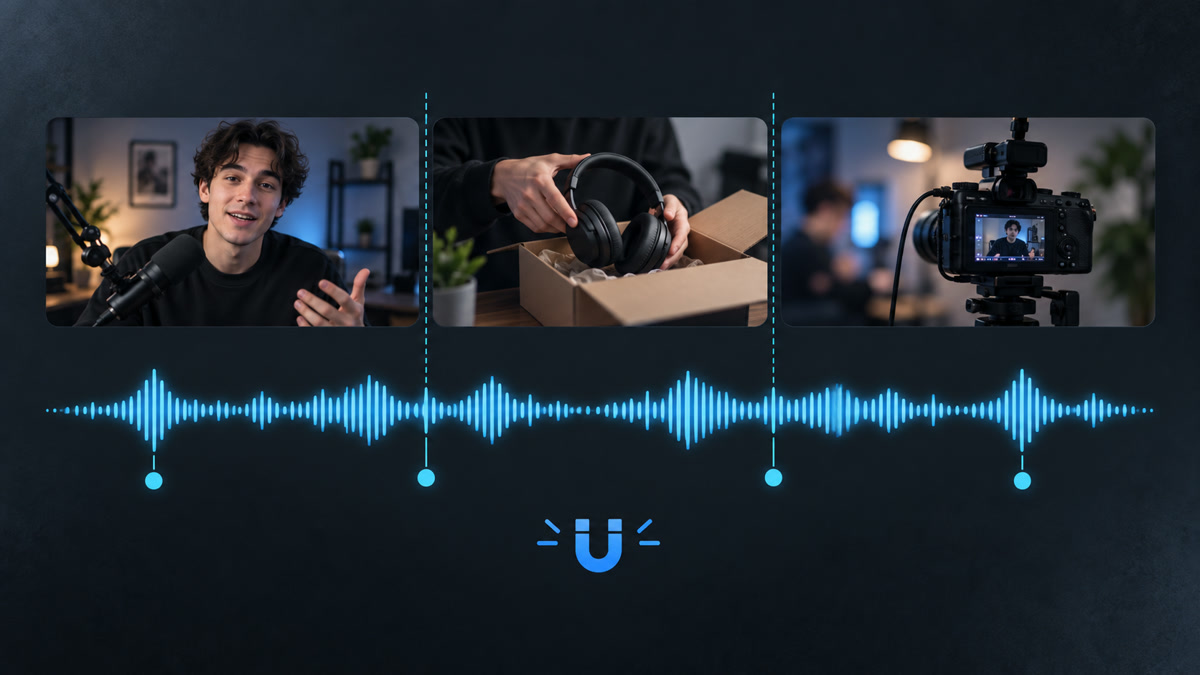 Creator facecam and product clips aligned with beat markers on a music waveform