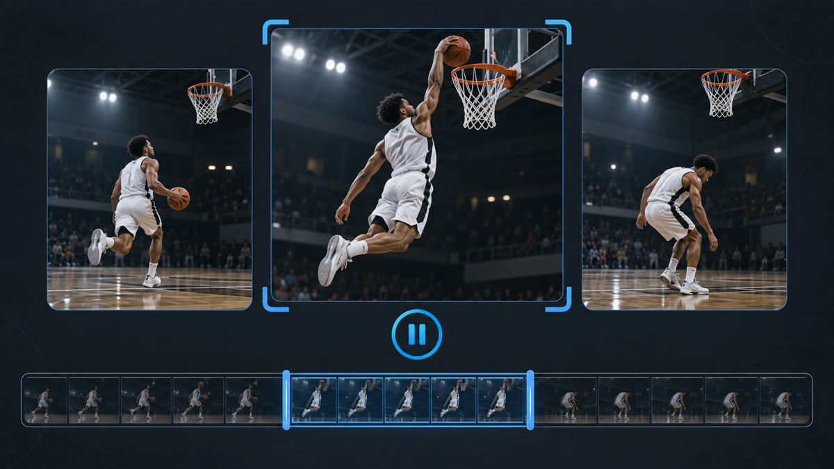 A basketball dunk held in a freeze frame between takeoff and landing