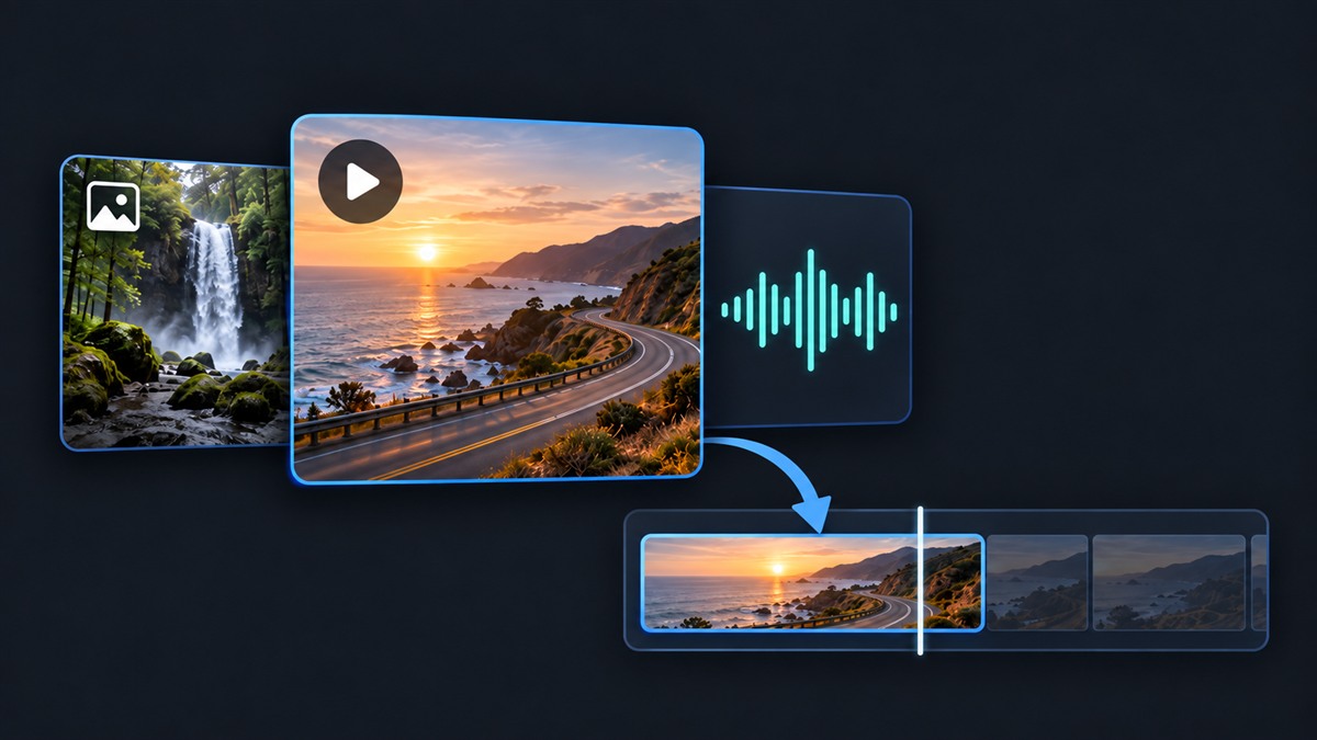 Video, image and audio assets with a video clip being added to a timeline
