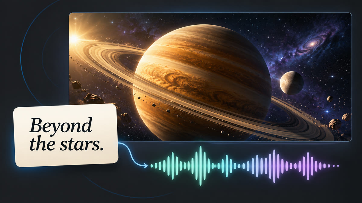 A script reading Beyond the stars becomes an audio waveform beneath a ringed planet in a science video
