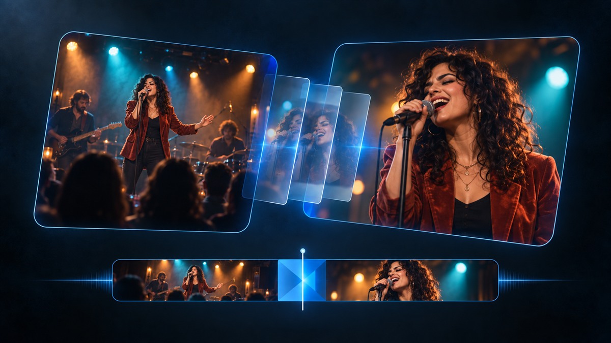 A wide concert shot blending into a singer close-up above a transition between timeline clips