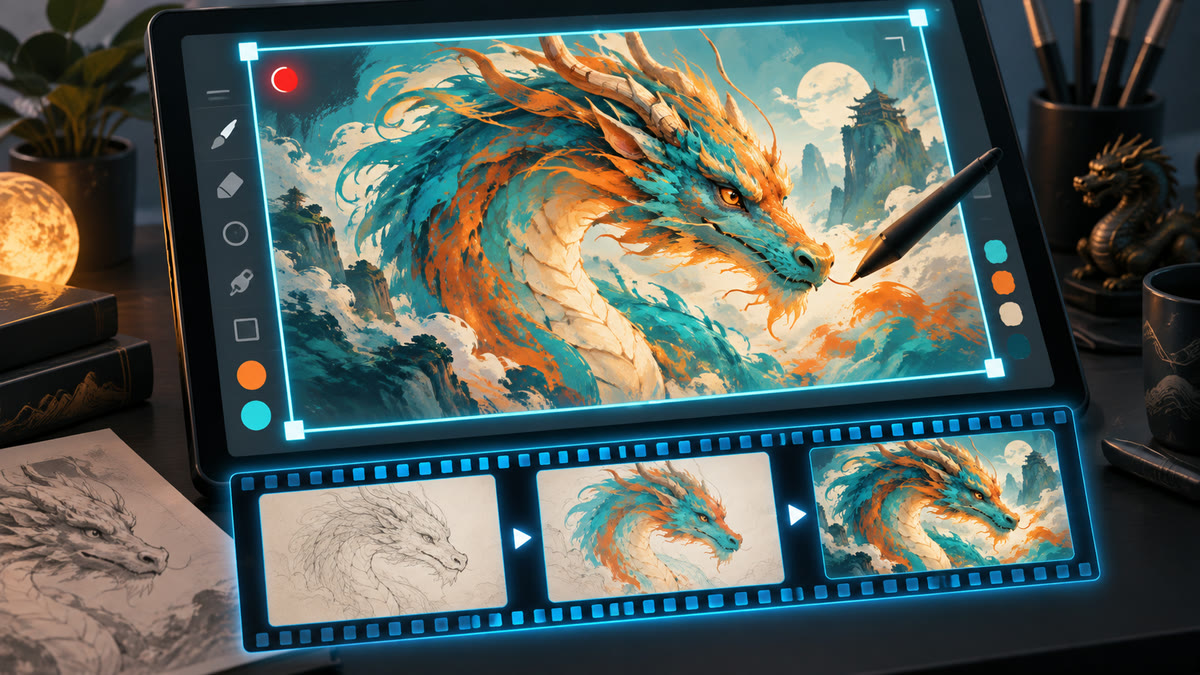 A colourful dragon drawing tutorial inside a screen recording frame, with captured frames on a filmstrip