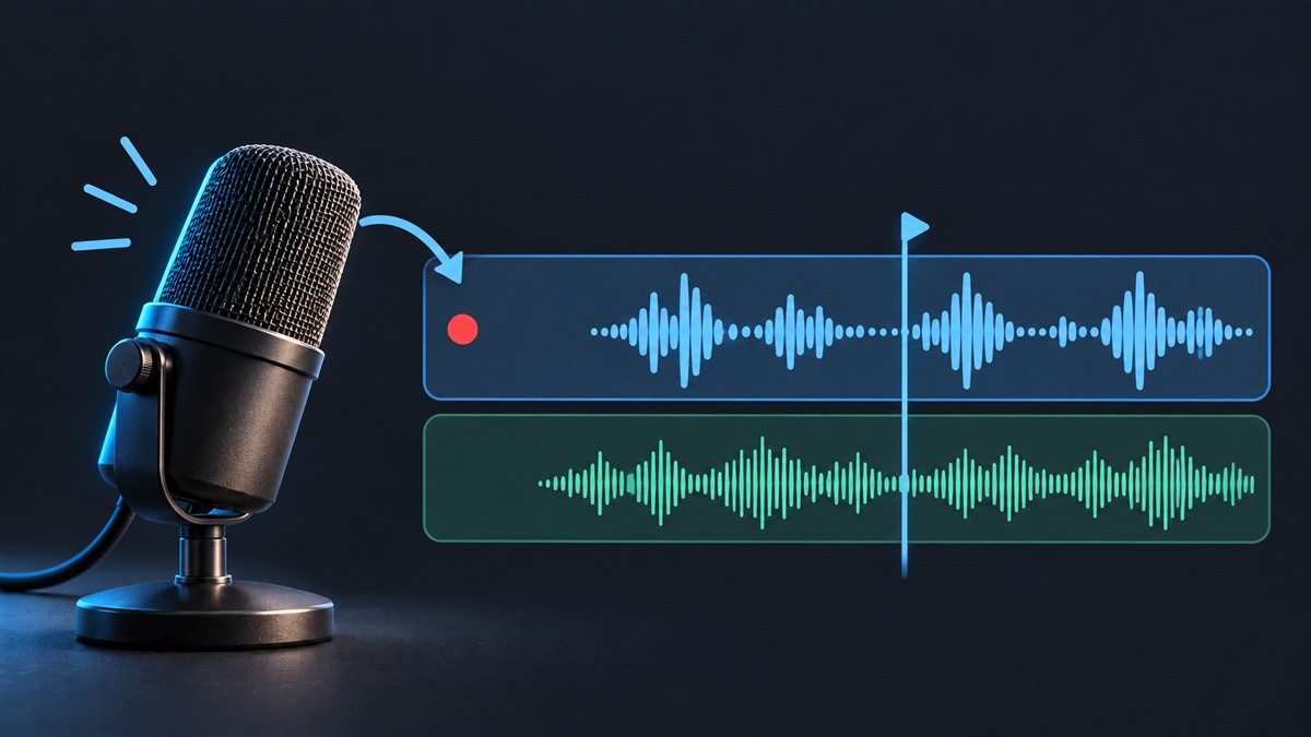 A microphone recording a voiceover alongside a separate music track